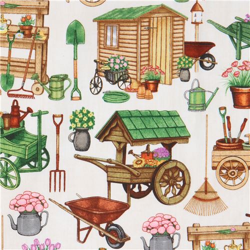 shed gardening tool flower beige fabric Quilting Treasures modeS4u