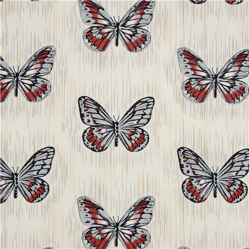 silbermetallic rot Schmetterlinge auf cremefarbenem Baumwollstoff - Reststück (112cm x 34cm)