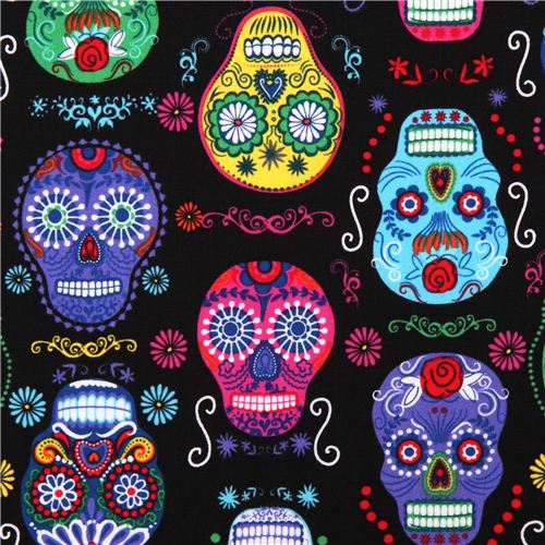 black Folk Art skull fabric by Timeless Treasures Fabric