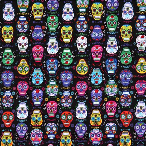 Remnant 31 cm - black Folk Art skull fabric by Timeless Treasures - modes4u