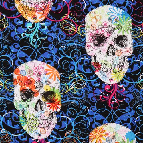 skull flower fabric in black by Timeless Treasures 1