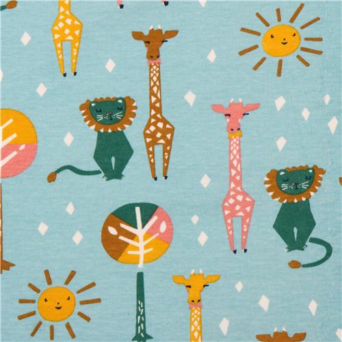 sky blue 'Happy Pals' lion & giraffe animal birch knit organic fabric USA 1