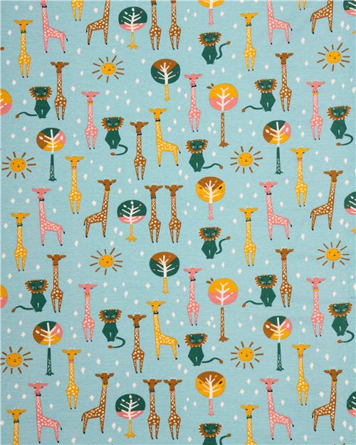 sky blue 'Happy Pals' lion & giraffe animal birch knit organic fabric USA 3