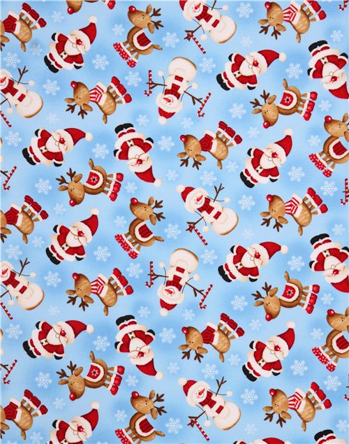 sky blue Santa & reindeer Christmas flannel fabric by Timeless ...