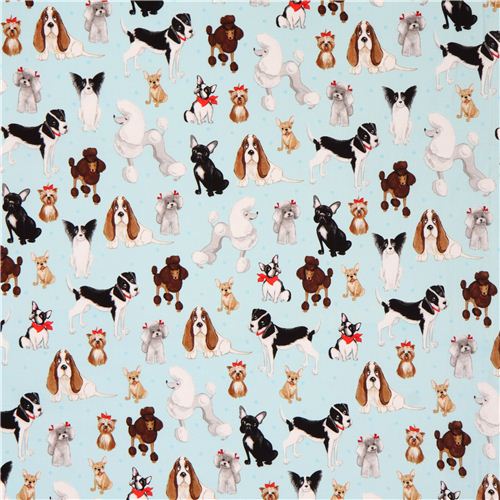 sky blue poodle bulldog dogs fabric by Robert Kaufman USA modeS4u
