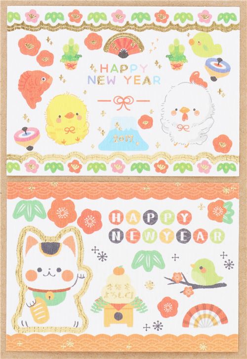 small Chinese New Year stickers with chicken and chick gold metallic ...