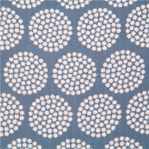 small flower heads set in circles Japan on blue double gauze cotton ...