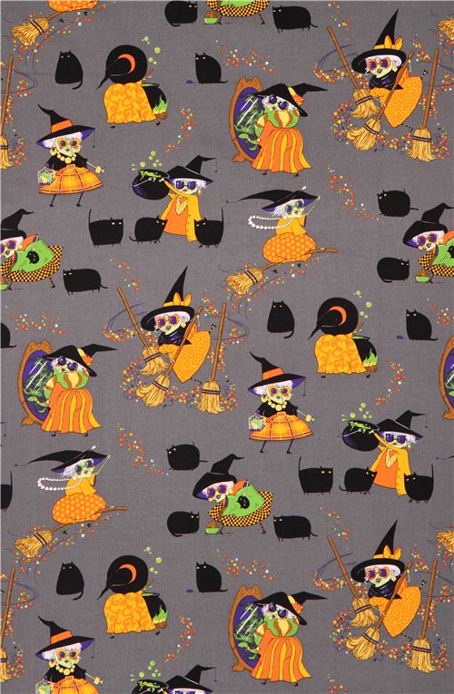 smoke Halloween fabric witch broom cat Alexander Henry USA by Alexander ...