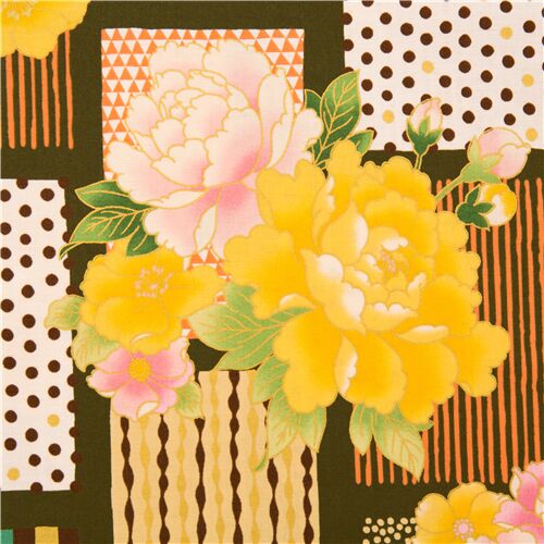 Resto de (36 x 110 cm) - Tela verde flores peonía rectángulos estampados suave algodón con dorados J 2