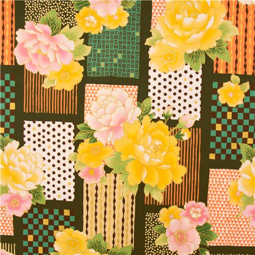 Resto de (36 x 110 cm) - Tela verde flores peonía rectángulos estampados suave algodón con dorados J 3