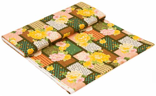 Resto de (36 x 110 cm) - Tela verde flores peonía rectángulos estampados suave algodón con dorados J 5