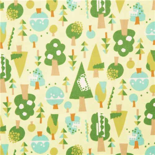 Tissu en coton lisse Japon arbres avec des blocs gomtriques vert bleu kaki graphique Tissu