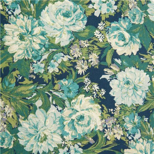 Tela algodón suave azul y verde de Japón con peonías flores y follaje -  modesS4u