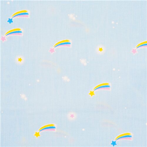 Tissu laminé bleu clair lisse étoiles filantes multicolores et pois blancs Tissu