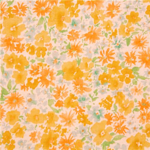 speckled Japan cotton linen blend yellow blue orange flowers foliage fabric Fabric