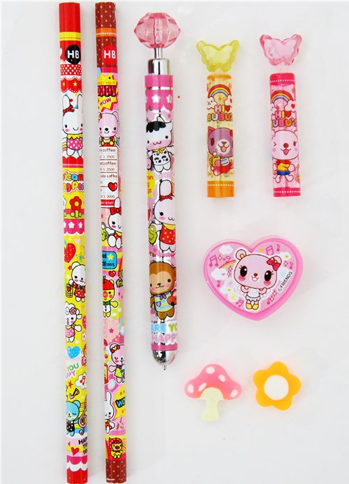 Kawaii Pencil-Set pink bear Korea 8 pieces - Pens-Pencils - Stationery