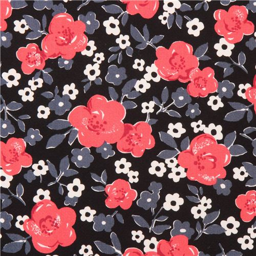 structured black Asia flower blossom Kokka Dobby fabric Fabric by Kokka ...