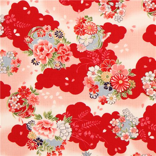 structured pale pink and red Asia colorful flower wreath Kokka Dobby fabric 1