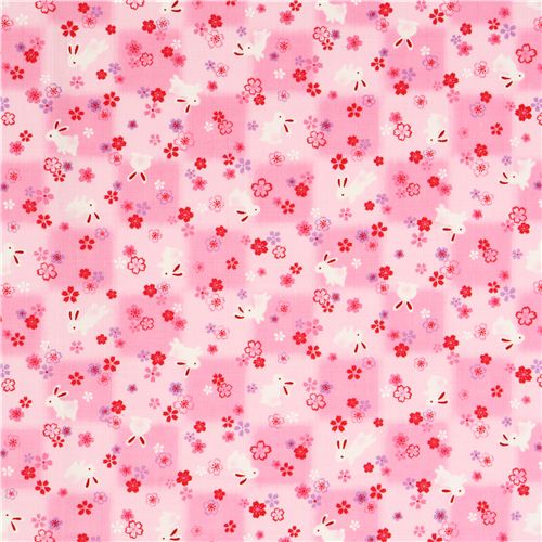 strukturierter rosa Kokka Stoff mit Hasen und Kirschbl�ten 2