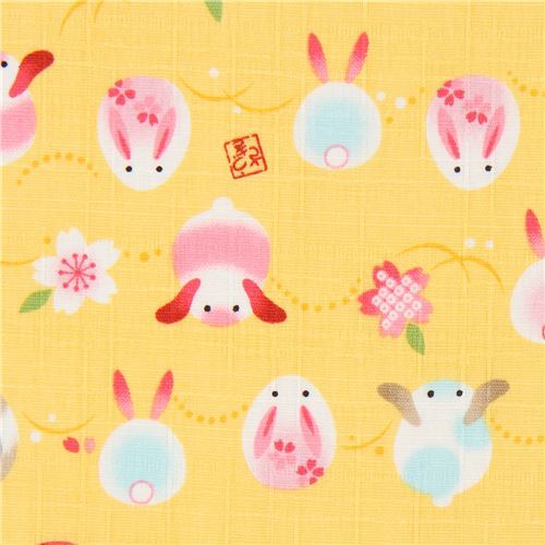 structured yellow with bunny rabbit animal Kokka Dobby fabric Fabric