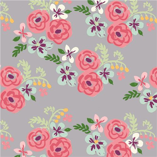 light taupe with mint green pink flower poplin organic fabric monaluna ...