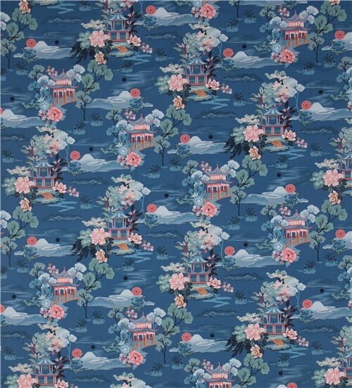 teal Japanese pagoda fabric with peonies and roses by Michael Miller