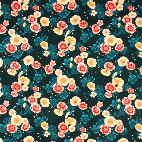 teal Kokka cherry blossom flower fabric with gold 2