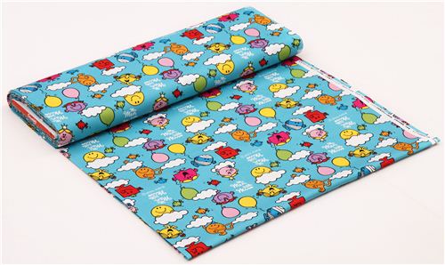 teal Mr. Men and Little Miss clouds Sanrio oxford fabric from Japan 3