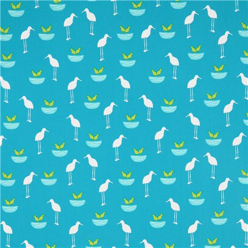 teal Robert Kaufman fabric with white and green birds 2