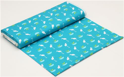 teal Robert Kaufman fabric with white and green birds 3
