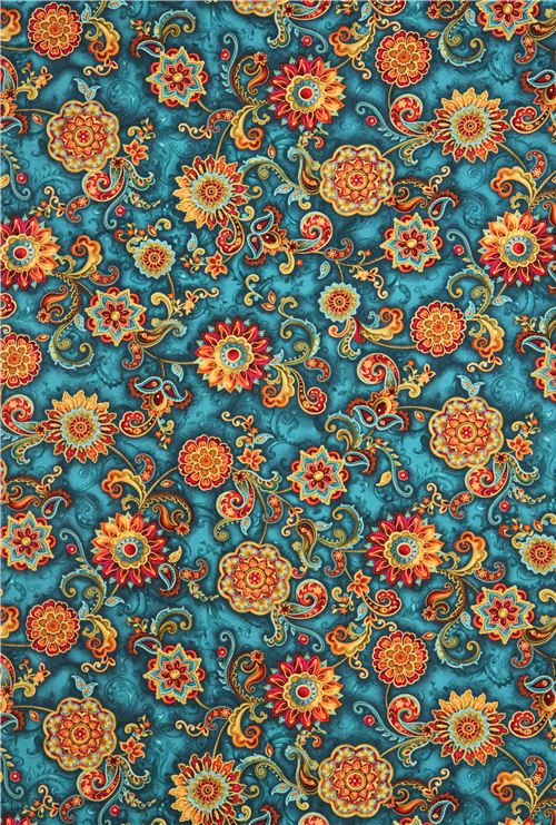 teal and gold flower medallions glitter fabric by Timeless Treasures  3