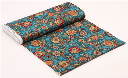 teal and gold flower medallions glitter fabric by Timeless Treasures  4