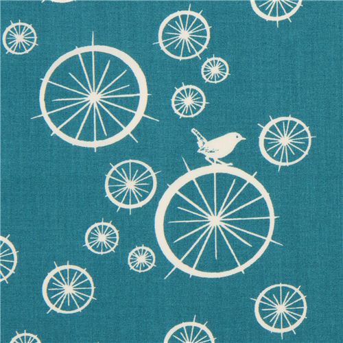 Tissu bio Birch sarcelle, oiseaux et roues, Birdie Spokes Tissu