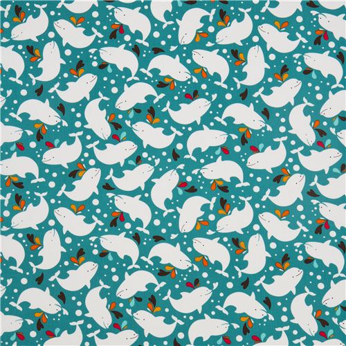 teal dolphin animal fabric par Robert Kaufman USA 2