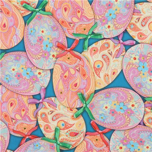 teal fabric with colorful Easter eggs by Quilting Treasures Fabric