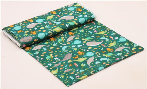 teal green whale dolphin turtle sea animal fabric by Robert Kaufman USA ...