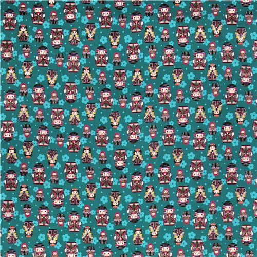 teal matryoshka dolls babushka Canvas fabric Kokka 2