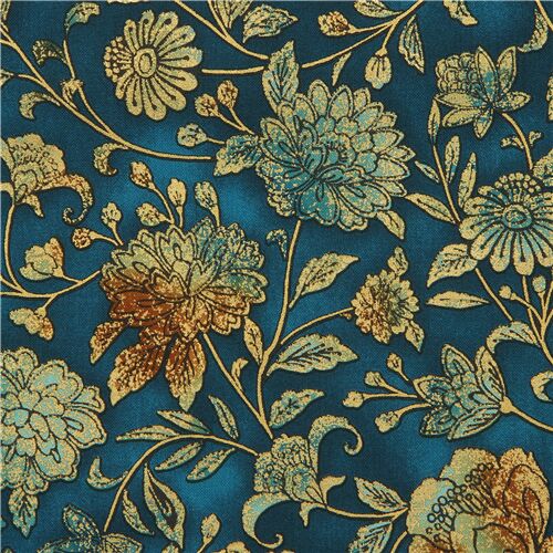 teal metallic gold fabric with peony dahlia flowers by Robert Kaufman