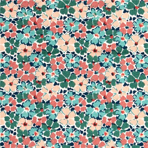 teal peach rust fabric with dense florals by Liberty Fabrics