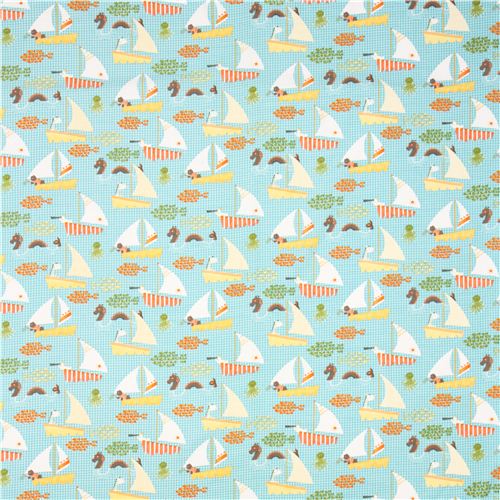 teal sailing ship animal flannel fabric Open Sea Adventure Fabric by ...