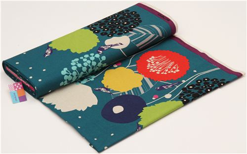 teal wildflower echino canvas fabric bird flower 3