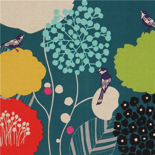 Tissu enduit laminé Echino sarcelle, oiseaux fleurs sauvages Tissu
