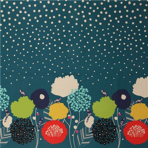teal wildflower echino laminate fabric bird flower 2