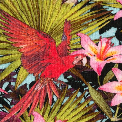 Remnant 20 cm tropical bird and flower knit fabric by Robert Kaufman