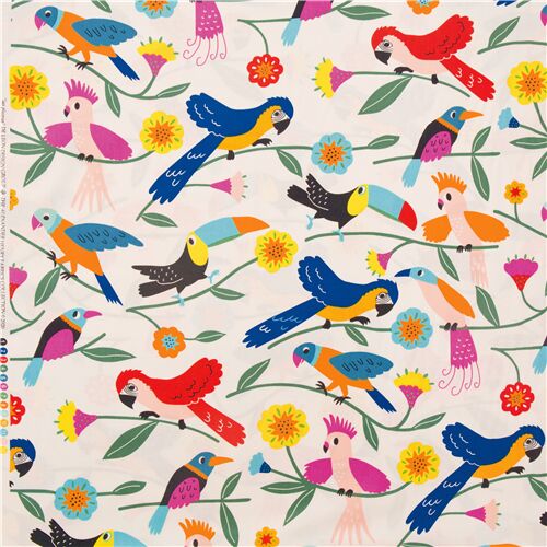 Tropische Vögel Blumen Federn Stoff