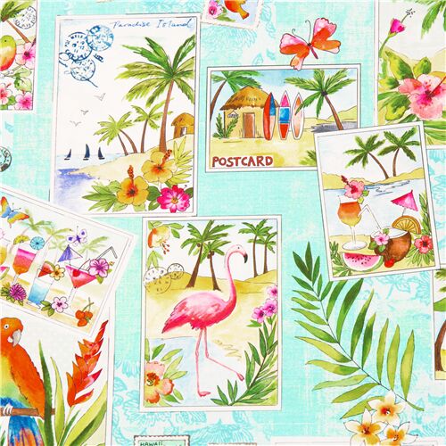Tissu coton bleu cartes postales perroquets multicolores tropical Tissu