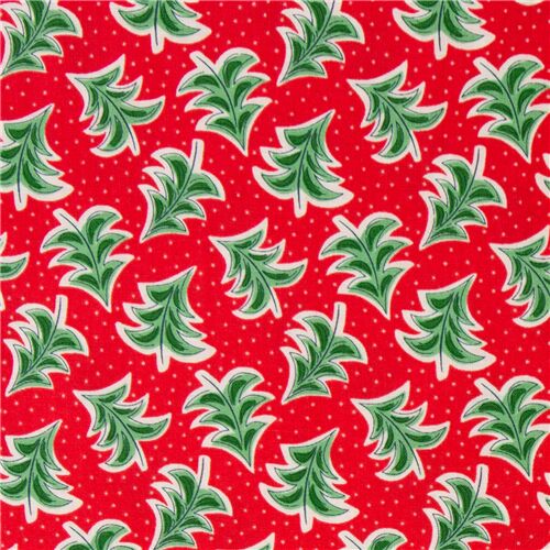 Tissu Liberty Fabrics rouge avec des sapins dans tous les sens qui dansent Tissu