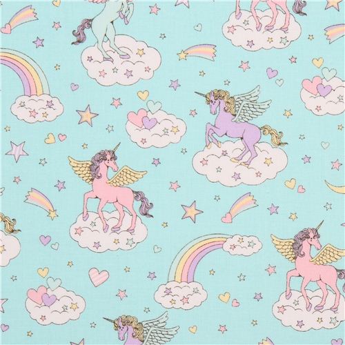 turquoise Cosmo unicorn cloud fairy tale fabric from Japan Fabric by ...