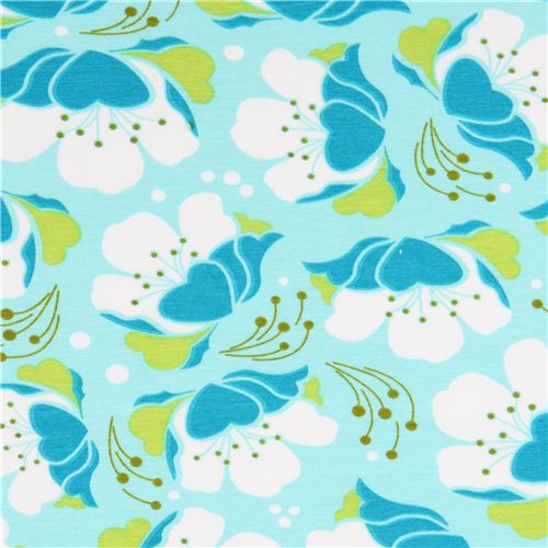 turquoise Gardenia flower Michael Miller interlock fabric Fabric