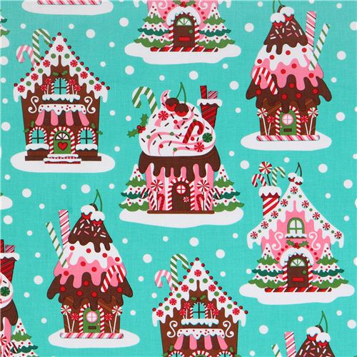 turquoise Gingerbread Houses Christmas fabric Michael Miller - modeS4u